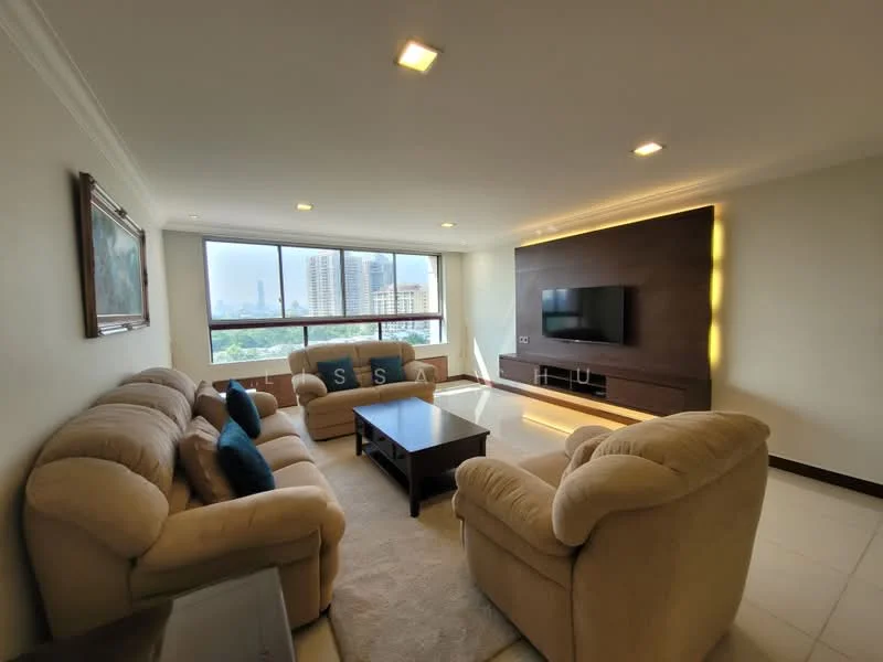 Living features: beige fabric 3-seater sofa, beige fabric 2-seater sofa, wood coffee table, wall-mounted TV, feature wall with backlighting, large windows with city view, white painted walls, recessed ceiling lights, tile flooring; style: modern; view: city.