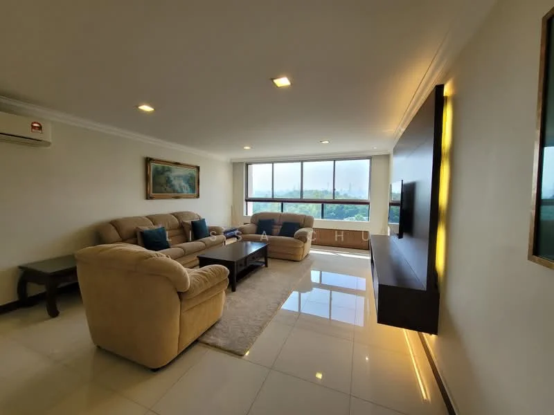 Living features: beige fabric 3-seater sofa, beige fabric 2-seater sofa, wood coffee table, area rug, wall-mounted TV, feature wall with lighting, floor-to-ceiling windows, white painted walls, recessed downlights, 1 wall-mounted split AC, artwork on wall; style: contemporary; view: city.