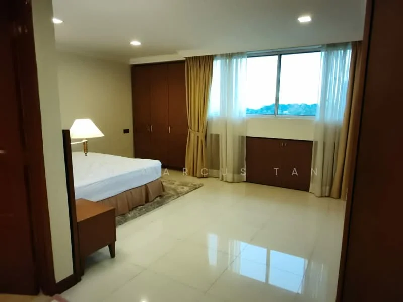 Bedroom features: queen-size bed, upholstered headboard, bedside lamp, built-in wardrobe with sliding doors, large window with sheer curtains, cream painted walls, tile flooring, area rug, wooden bedside table, wall-mounted light fixtures; style: modern; view: city.