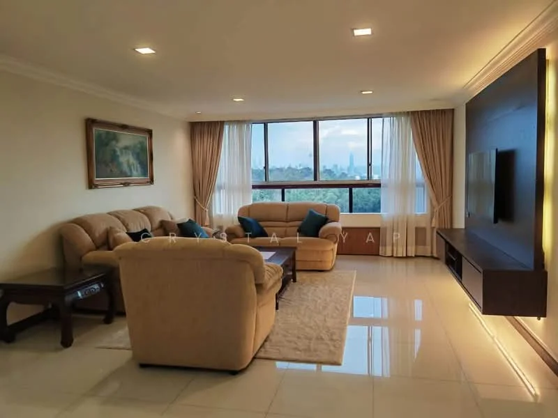 Living features: cream upholstered 3-seater sofa, cream upholstered armchair, wood coffee table, wall-mounted TV, built-in TV console, floor-to-ceiling windows, sheer curtains, recessed downlights, white painted walls, glossy tile flooring, decorative artwork, city view; style: contemporary; view: city.