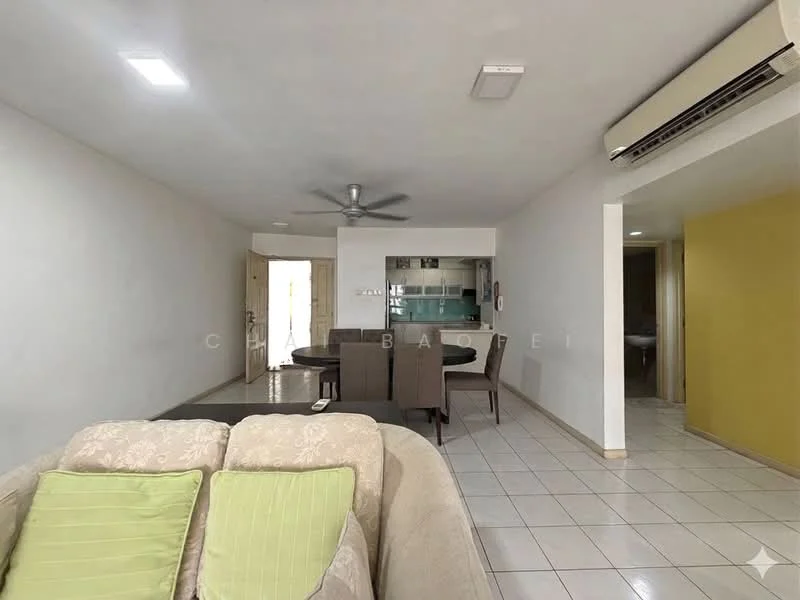 Living features: 3-seater fabric sofa in beige, green accent cushions, ceiling fan, recessed LED downlights, tile flooring, neutral painted walls, open layout to dining area, air conditioning unit, dining table with chairs visible in background; style: modern.