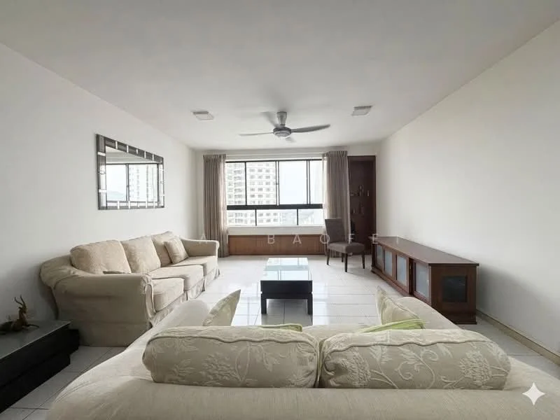 Living features: 3-seater fabric sofa in beige, 2-seater fabric sofa in cream, coffee table with glass top, TV console in dark wood, ceiling fan, large window with city view, light-colored tiled flooring, curtains in light fabric, decorative wall mirror, built-in shelving unit, neutral painted walls; style: modern; view: city.