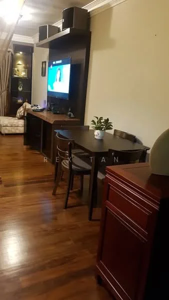 Living features: wood flooring, cream painted walls, sofa with floral pattern, TV console, wall-mounted TV, dining table with chairs, decorative plant on table, shelves with decorative items, recessed lighting, curtains, side cabinet; style: contemporary.