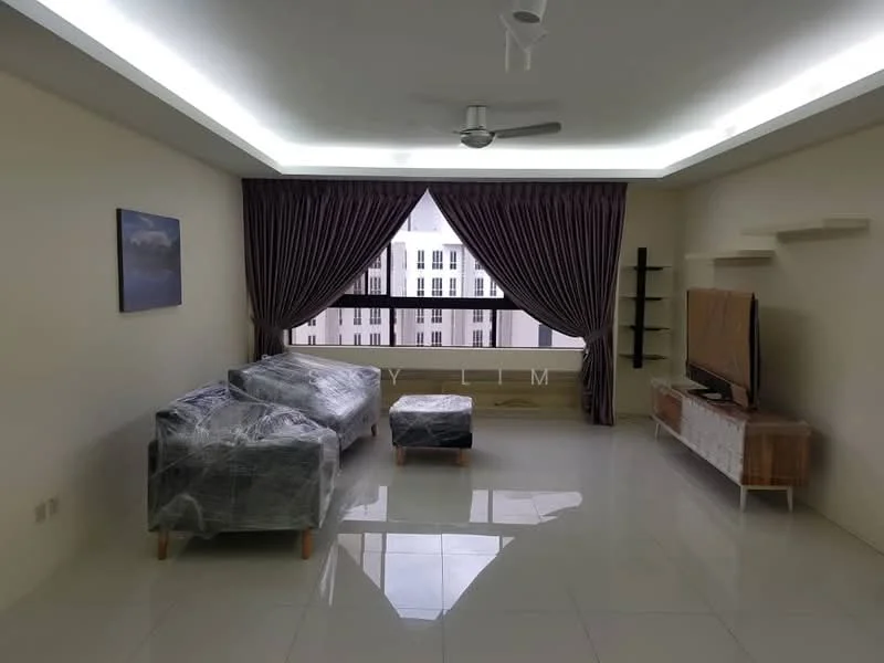 Living features: white painted walls, glossy tile flooring, 5-blade ceiling fan with light, floor-to-ceiling windows, curtains in dark purple, sofa wrapped in plastic, ottoman wrapped in plastic, TV console, wall-mounted TV, shelf unit on wall, decorative artwork on wall; style: modern; view: city.