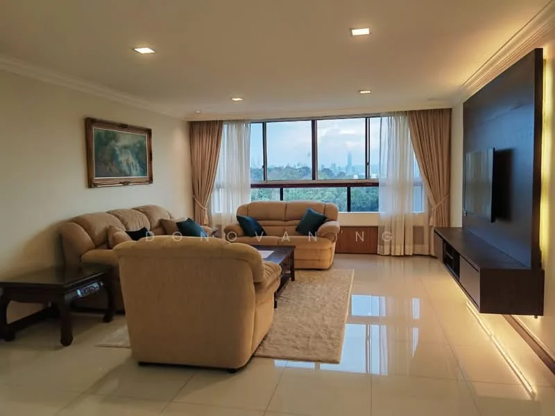 Living features: beige fabric sofa, 3-seater sofa, 2-seater sofa, coffee table, TV console, wall-mounted TV, area rug, floor-to-ceiling windows, curtains, recessed lighting, cream painted walls, glossy tile flooring; style: modern; view: city.