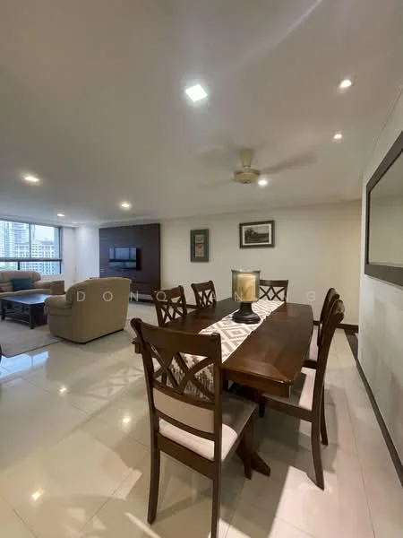Dining features: dining table with 6 chairs, wooden dining table, white table runner, ceiling fan, recessed LED downlights, large mirror on wall, white walls, polished tile flooring, decorative artwork on wall, floor-to-ceiling windows; style: modern; view: city. Living features: fabric sofa, coffee table, TV console, wall-mounted TV; style: modern; view: city.