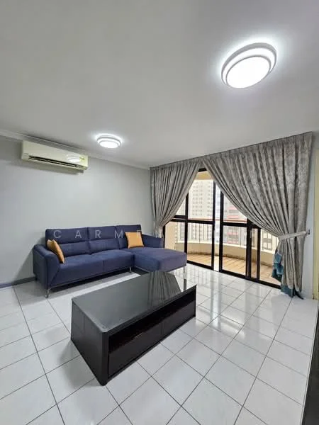 Living features: 3-seater fabric sofa in navy blue, glass coffee table with black base, white tiled flooring, recessed ceiling lights, wall-mounted split AC, floor-to-ceiling windows, curtains with a floral pattern, balcony access; style: modern; view: city.