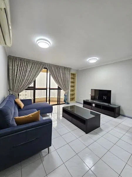 Living features: 2-seater fabric sofa in navy blue, 3-seater fabric sofa in navy blue, coffee table in black, wall-mounted TV, TV console in black, floor-to-ceiling windows, sheer curtains, recessed ceiling lights, air conditioning unit, ceramic tile flooring, neutral painted walls, decorative cushions in orange; style: modern; view: city.