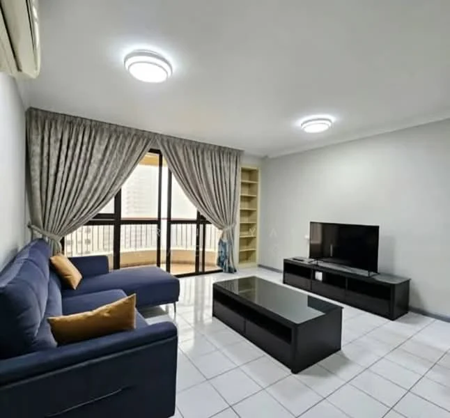 Living features: 3-seater fabric sofa in navy blue, L-shape sectional sofa, coffee table with black surface, TV console in black, wall-mounted TV, floor-to-ceiling windows, sheer curtains, recessed ceiling lights, white painted walls, white tiled flooring, built-in shelving unit, balcony access; style: modern; view: city.