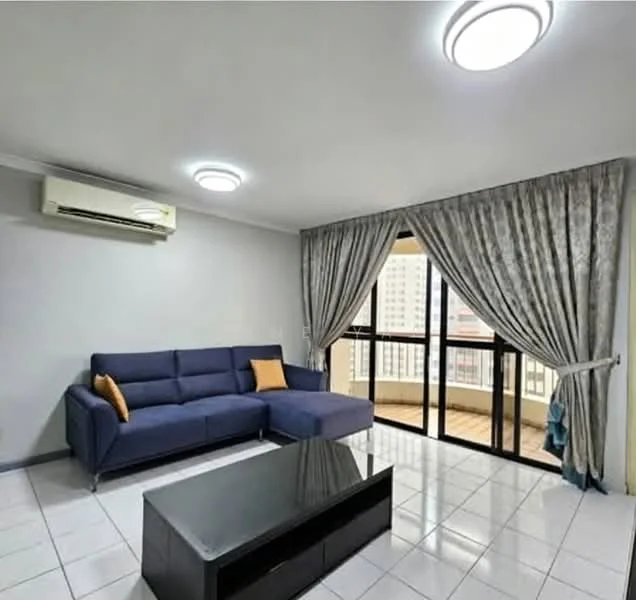 Living features: 3-seater fabric sofa in navy blue, orange accent cushion, black coffee table, floor-to-ceiling windows, sheer curtains, drapes, wall-mounted split AC, white painted walls, glossy white tile flooring, recessed ceiling lights; style: modern; view: city.