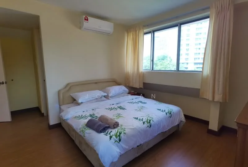 Bedroom features: queen-size bed with floral bedding, wooden bedside table, window with city view, curtains, air conditioning unit, laminate flooring, light-colored painted walls, decorative towels; view: city.