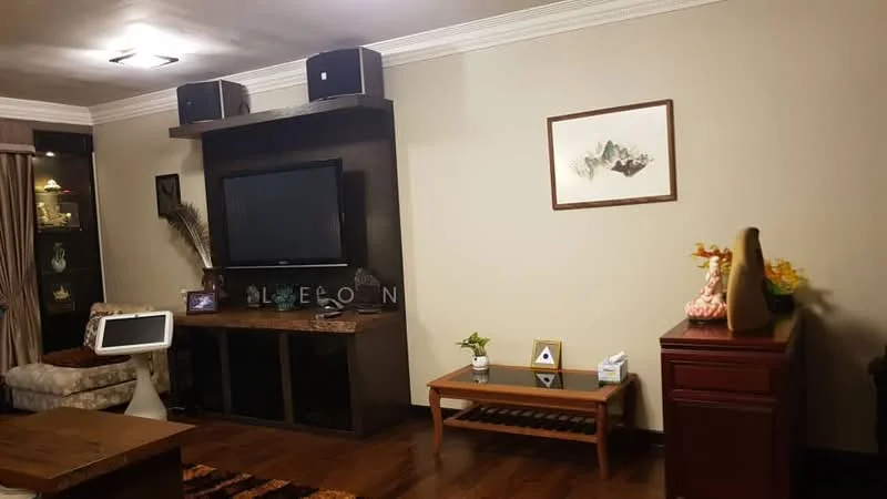 Living features: dark wood flooring, cream painted walls, white crown moulding, wall-mounted TV, dark wood TV console, decorative wall shelving, framed artwork, coffee table with wooden slats, decorative plants, speakers on top of the console, area rug with geometric pattern; style: contemporary.