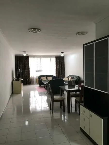 Living features: white painted walls, glossy tile flooring, recessed downlights, 2 ceiling fans, sofa set in green, beige armchairs, coffee table, TV console, wall-mounted TV, area rug, curtains with floral pattern, dining table with chairs; style: modern.