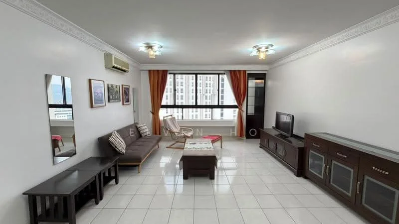 Living features: white painted walls, glossy tile flooring, 2-seater fabric sofa in brown, wooden coffee table, TV console with storage cabinets, wall-mounted TV, floor-to-ceiling windows, sheer curtains in orange, 2 ceiling lights, air conditioning unit, decorative wall mirror, framed artwork on walls; style: modern; view: city.