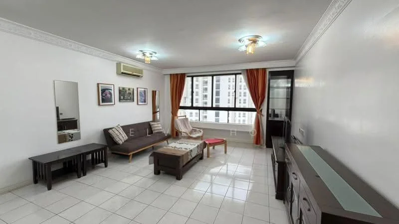 Living features: white painted walls, ceramic tile flooring, 2-seater fabric sofa in brown, wooden coffee table, black console table, mirror on wall, wall-mounted air conditioning unit, curtains in orange, ceiling lights with decorative fixtures, large window with city view; style: modern; view: city.