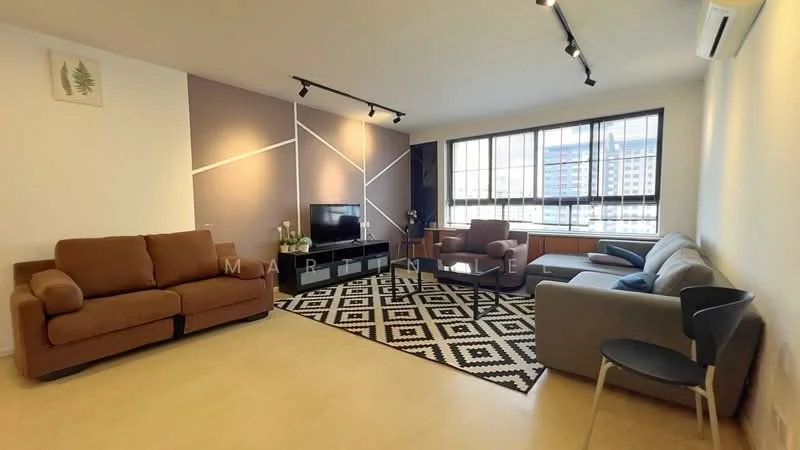 Living features: 3-seater fabric sofa in brown, 2-seater fabric sofa in grey, black and white geometric area rug, wall-mounted TV, TV console, floor-to-ceiling windows, recessed LED downlights, light-colored walls, wooden flooring, decorative plants; style: modern; view: city.