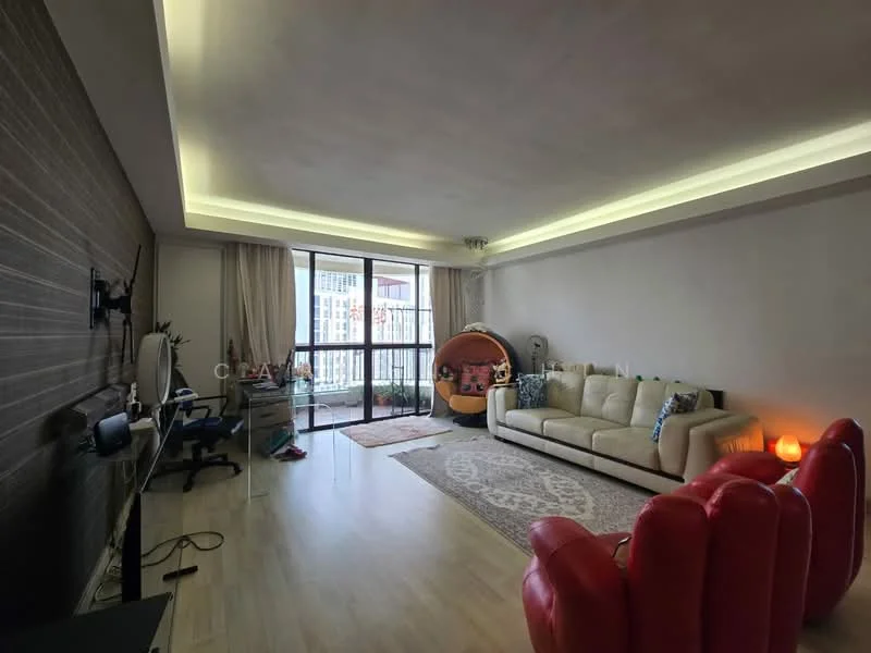 Living features: light-coloured laminate flooring, white painted walls, recessed ceiling lights, large sliding glass door, floor-to-ceiling windows, beige leather sofa, red leather armchairs, decorative area rug, TV mounted on wall, glass-top coffee table, work desk with chair, potted plant, wall-mounted shelves, decorative items on shelves; style: modern.