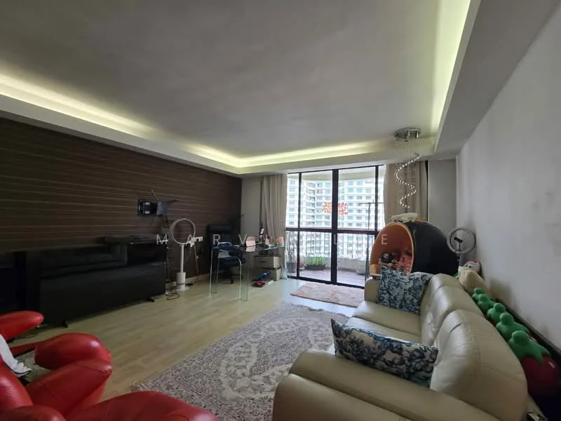 Living features: red leather armchairs, beige leather sofa, area rug with floral pattern, wooden flooring, recessed LED downlights, wall-mounted TV, black TV console, glass sliding door, curtains, decorative wall paneling, small dining table with chairs, play tent, green playmat; style: modern; view: city.