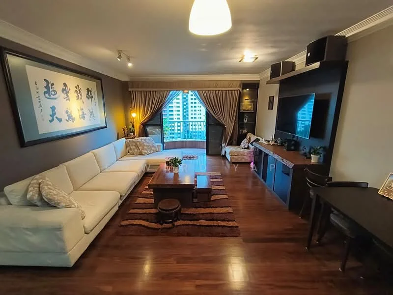 Living features: L-shape sectional sofa in white, wood coffee table, area rug with striped pattern, wall-mounted TV, built-in TV console, floor-to-ceiling windows, curtains, decorative wall art, recessed downlights, wood flooring, side chair, decorative plants; style: contemporary; view: city.