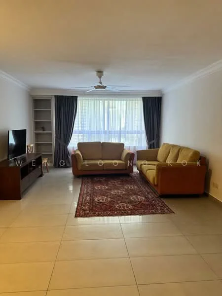 Living features: cream painted walls, white ceiling, 5-blade ceiling fan, floor-to-ceiling windows, grey curtains, 2-seater fabric sofa in beige, 3-seater fabric sofa in yellow, wooden TV console, wall-mounted TV, area rug with geometric pattern, tile flooring, built-in shelving unit; style: contemporary.