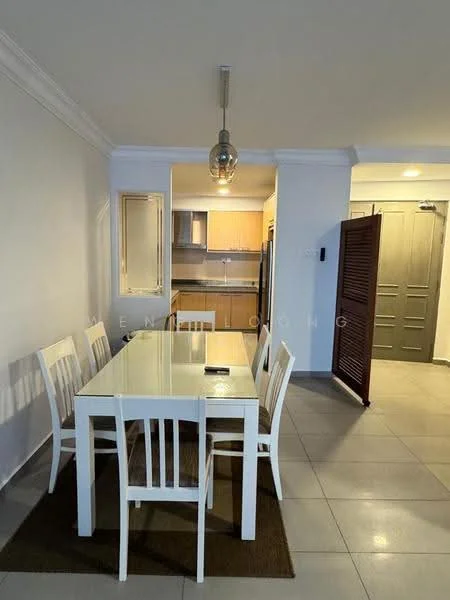 Dining features: white dining table, 4 white dining chairs, pendant light fixture, grey tiled flooring, cream painted walls, open kitchen view, brown area rug, window with view to kitchen; style: modern. Kitchen features: stainless-steel fridge, built-in oven, wood cabinetry, countertop, kitchen appliances visible; style: modern.