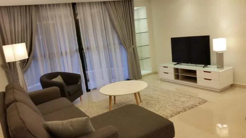 Living features: grey fabric sofa, round white coffee table, white TV console, wall-mounted TV, area rug with neutral color, floor-to-ceiling windows, sheer curtains, laminate flooring, table lamp with white shade, accent chair in dark grey; style: modern.