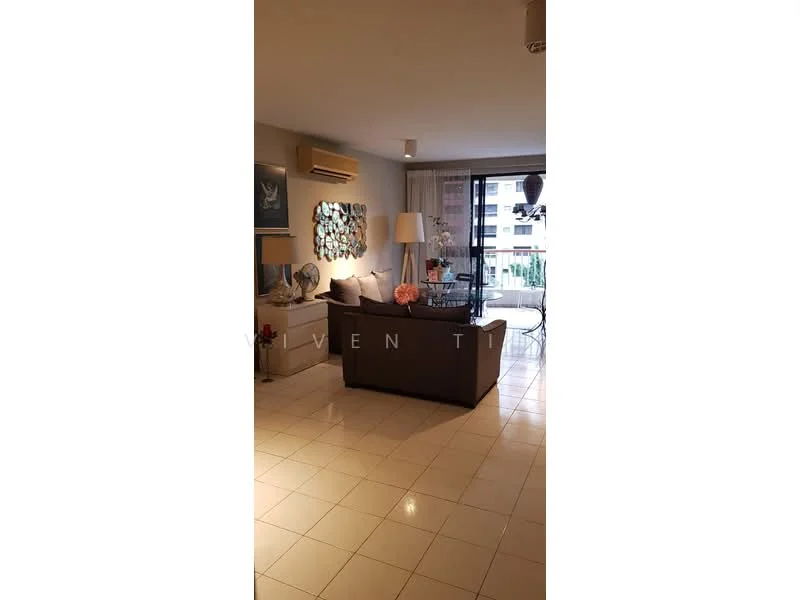 Living features: cream painted walls, white tiled flooring, ceiling-mounted air conditioning unit, floor-to-ceiling windows, sliding glass door, balcony access, decorative wall art, table lamp, coffee table, sofa, area rug; style: modern; view: city.
