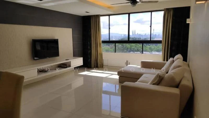 Living features: floor-to-ceiling windows, white painted walls, cream sofa sectional, flat-panel TV console, wall-mounted TV, recessed downlights, marble tile flooring, ceiling fan, sheer curtains, city skyline view; style: modern; view: city.
