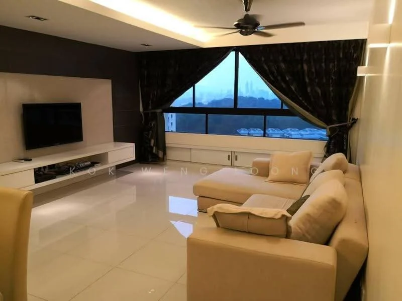 Living features: large floor-to-ceiling windows, dark curtains, light-colored sectional sofa, white TV console, wall-mounted TV, recessed ceiling lights, polished ceramic tile flooring, neutral wall color, ceiling fan; style: modern; view: city.