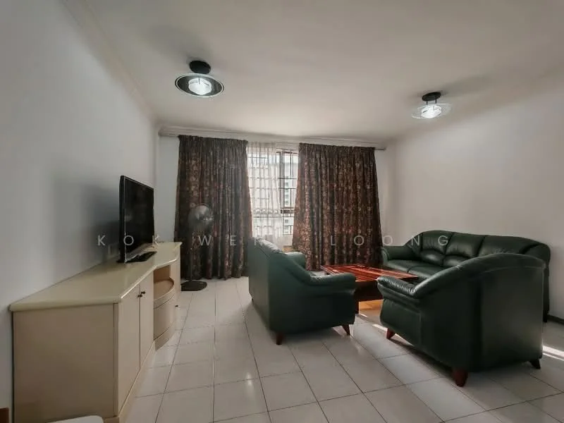 Living features: green leather sofa, 2-seater sofa, 3-seater sofa, wood coffee table, TV console, wall-mounted TV, curtains with floral pattern, tile flooring, ceiling lights, floor fan.