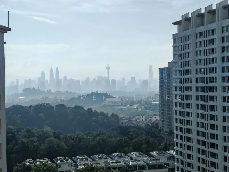 Exterior type: high-rise condominium; features: city skyline view, surrounded by greenery, multiple high-rise buildings, clear sky, urban landscape; style: modern.