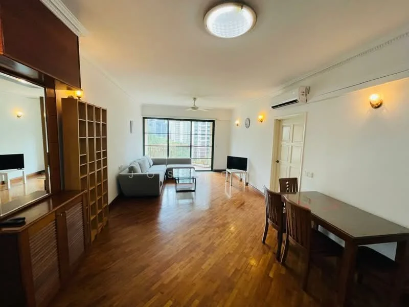 Living features: wooden flooring, white painted walls, ceiling fan, large window with city view, sofa in grey, coffee table, TV console, wall-mounted TV, dining table with chairs, decorative wall clock, light fixtures on walls; style: modern; view: city.