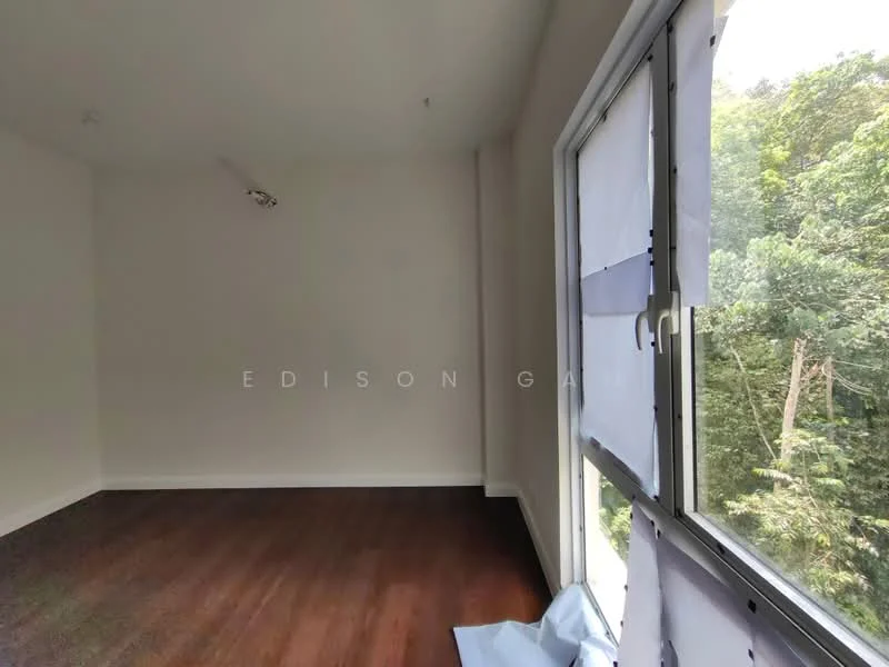 Room features: white painted walls, wooden flooring, floor-to-ceiling windows, natural light from window, view of greenery outside; view: garden.