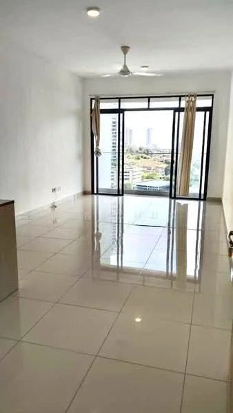 Living features: white painted walls, glossy ceramic tile flooring, 5-blade ceiling fan with light, floor-to-ceiling windows, sliding glass door, curtains, city view; style: modern; view: city.