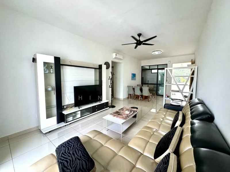 Living features: beige leather sofa, black accent cushions, white coffee table, wall-mounted TV, black entertainment unit, white shelving unit, 5-blade ceiling fan, white painted walls, glossy tile flooring, air conditioning unit, large windows with natural light; style: modern.
