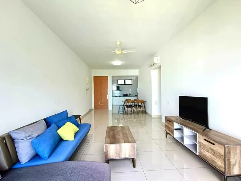 Living features: grey fabric sofa, blue and yellow accent cushions, wooden coffee table, TV console with storage, wall-mounted TV, ceiling fan, white painted walls, glossy tile flooring, natural light from windows, open layout to dining area, decorative wall art; style: modern.