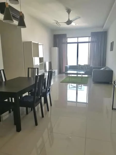 Living features: 3-seater fabric sofa in light grey, coffee table, floor-to-ceiling windows, sheer curtains, 5-blade ceiling fan, white walls, polished tile flooring, decorative area rug in green, TV console, wall-mounted TV; style: modern; view: city. Dining features: 6-seater dining table in black, black dining chairs, white shelving unit, refrigerator, wall-mounted air conditioning unit; style: modern.