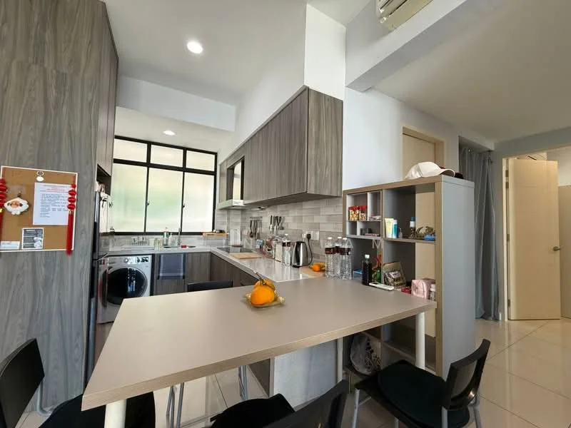 Kitchen features: grey wood cabinetry, white tiled backsplash, stainless-steel sink, chrome pull-down faucet, built-in oven, freestanding washing machine, stainless-steel kettle, toaster, countertop with breakfast bar, refrigerator, open shelving, pendant lighting, tile flooring, window with natural light; style: modern.