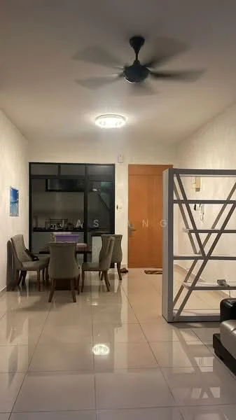 Dining features: 4-seater dining table, upholstered dining chairs, white painted walls, glossy tile flooring, ceiling fan, recessed ceiling light, large window with black frame, wooden door, decorative partition; style: modern. Living features: black leather sofa, coffee table, wall-mounted TV, open layout; style: modern.