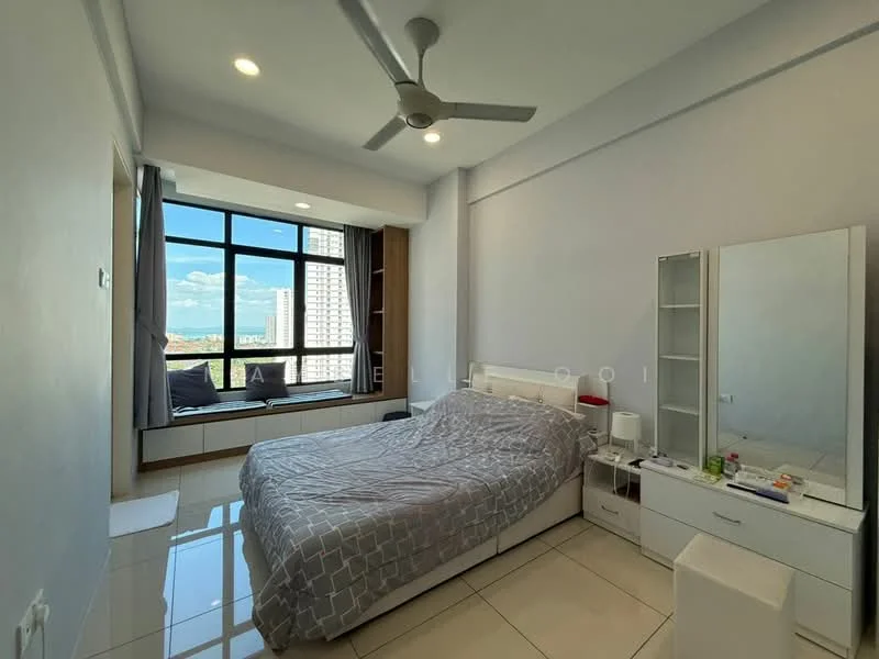 Bedroom features: king-size bed with grey bedding, upholstered headboard, floor-to-ceiling windows, city view, white painted walls, recessed downlights, ceiling fan, built-in wardrobe with mirror, nightstand, decorative items on nightstand, window seat with cushions, tile flooring; style: modern; view: city.