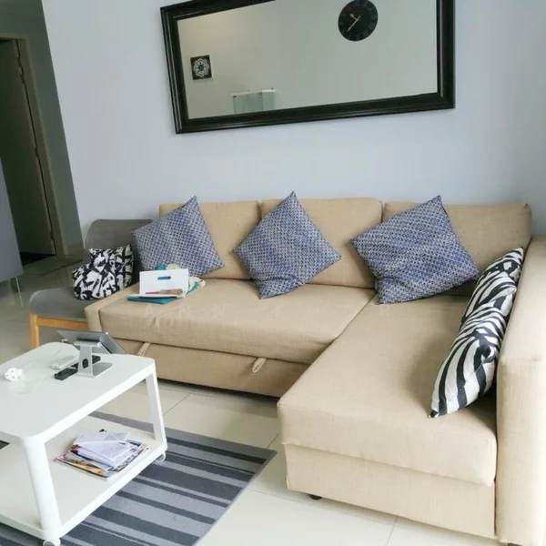 Living features: L-shape sectional sofa in beige, decorative cushions with geometric pattern, white coffee table, area rug with striped pattern, wall-mounted mirror, wall clock, grey armchair, tile flooring; style: modern.