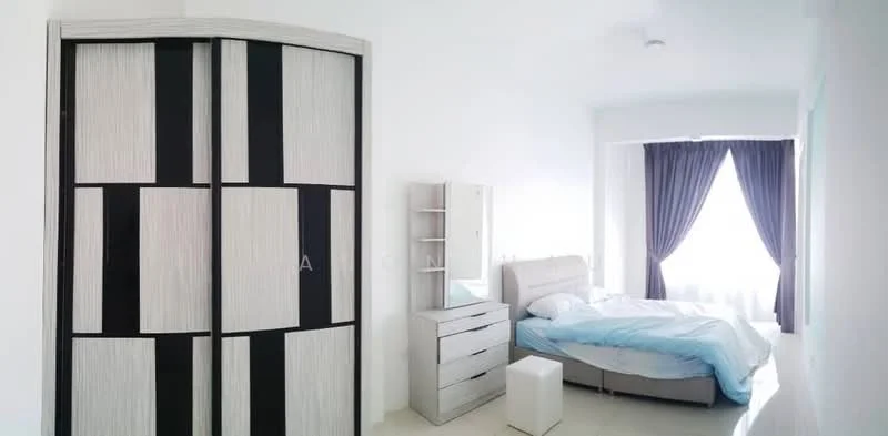 Bedroom features: queen-size bed with light blue bedding, upholstered headboard, built-in wardrobe with black and white panels, mirror on dresser, white bedside table, floor-to-ceiling window with sheer curtains, grey curtains, cream tiled flooring, recessed ceiling lights, decorative wall art; style: modern.