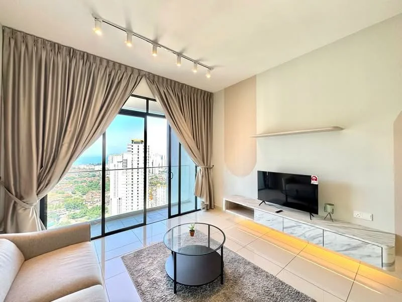 Living features: floor-to-ceiling windows, grey fabric sofa, round glass coffee table, light grey area rug, wall-mounted TV, white TV console with marble accents, track lighting, curtains with tiebacks, city view; style: modern; view: city.