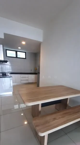 Kitchen features: white painted walls, grey tiled flooring, black countertop, stainless-steel gas stove, built-in oven, white cabinetry, kitchen island with wooden dining table, bench seating, large windows for natural light, recessed downlights; style: modern.