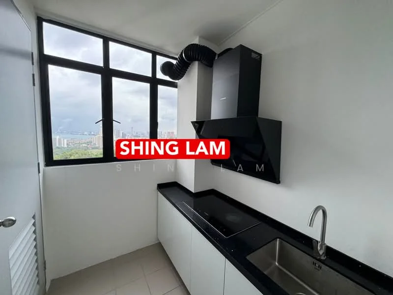 Kitchen features: black granite countertop, white cabinetry, stainless-steel sink, chrome pull-down faucet, built-in black range hood, 4-zone induction hob, floor-to-ceiling windows, city view, ventilation duct, light-colored tile flooring; style: modern; view: city.