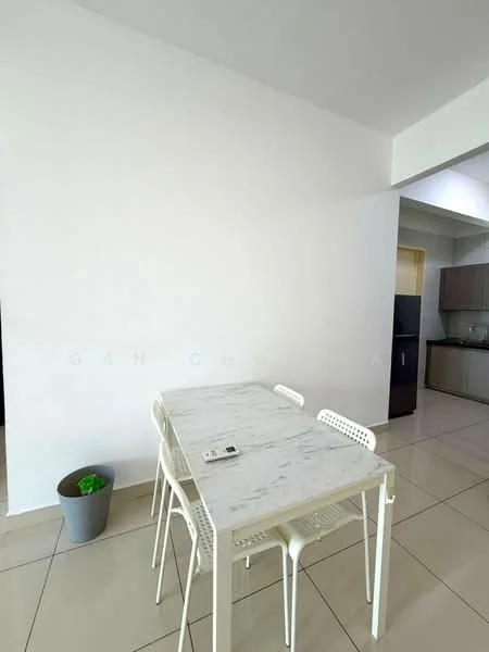 Dining features: white marble dining table, 4 white plastic dining chairs, light-colored tiled flooring, plain white walls, green potted plant, open layout to kitchen, natural light from window, minimalist decor; style: modern.