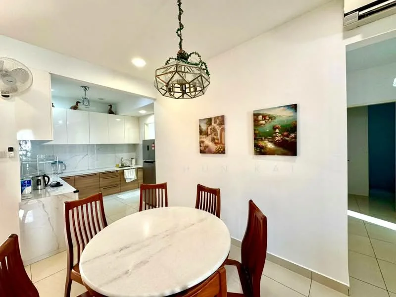 Dining features: round marble dining table, 4 wooden dining chairs, pendant light fixture, white painted walls, glossy tile flooring, wall-mounted air conditioning unit, framed artwork on walls; style: modern. Kitchen features: white cabinetry, stainless-steel fridge, built-in oven, kettle, ceramic cooktop, sink with faucet, countertop with storage below; style: modern.