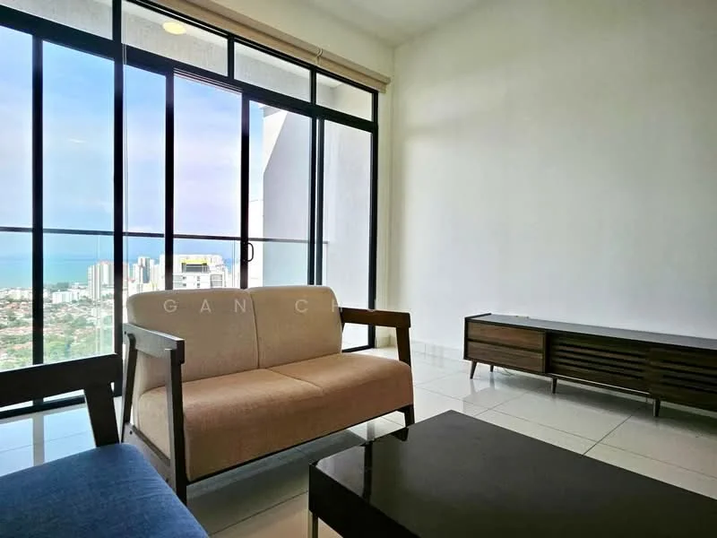 Living features: floor-to-ceiling windows, beige fabric sofa, wooden coffee table, TV console, white painted walls, ceramic tile flooring, city view, natural light from windows; style: modern; view: city.