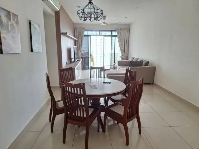 Dining features: round wooden dining table, 5 wooden dining chairs, white tiled flooring, ceiling fan, wall-mounted TV, light fixture with geometric design, large glass sliding door, curtains, neutral wall color, sofa in living area visible, open layout to living area; style: modern; view: city.
