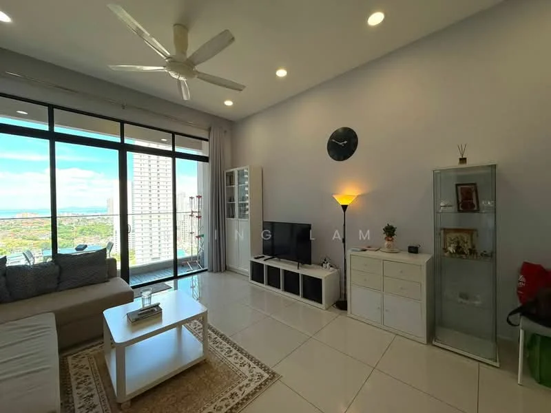 Living features: floor-to-ceiling windows, city view, 3-seater fabric sofa in beige, coffee table, TV console, wall-mounted TV, white painted walls, ceramic tile flooring, 5-blade ceiling fan with light, decorative wall clock, built-in shelving unit, glass display cabinet; style: modern; view: city.